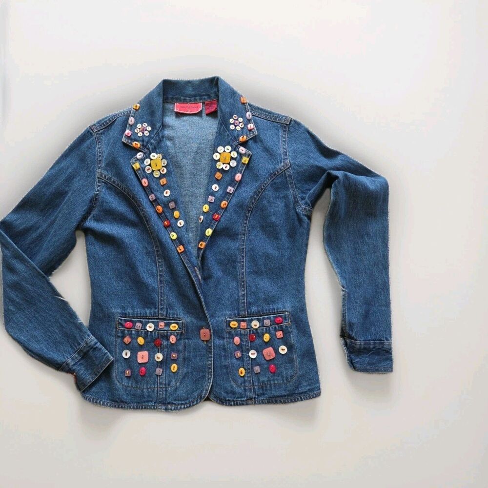 Vintage IKON Clothing Blue Jean Blazer Jacket Colorful Buttons Small Bedazzled